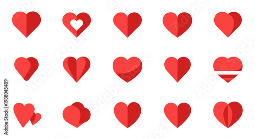 Collection of red hearts with various 3D styles and patterns