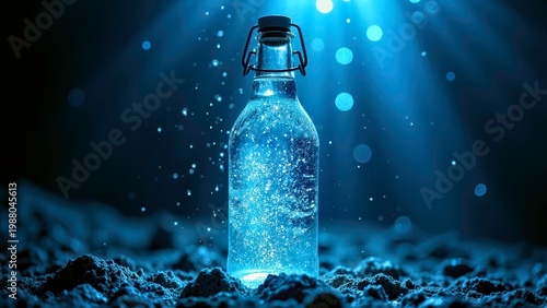 Glowing Blue Liquid in Glass Bottle