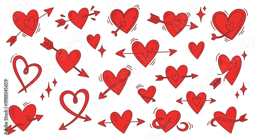 Collection of hearts with arrows and sparkles for love and romance themes