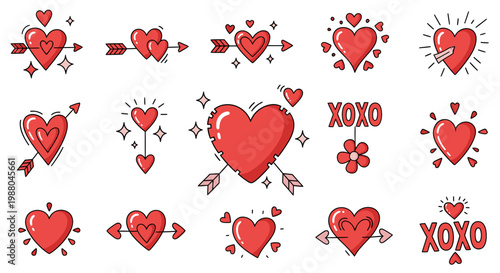 Collection of Valentine's Day hearts with arrows and love symbols
