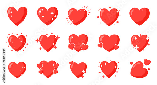 Collection of red hearts with sparkles and smaller hearts for love and romance themes