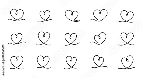 Line art hearts with looping tails for love and romance symbols