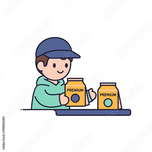 Smiling person in cap holding premium product jars, delivery concept