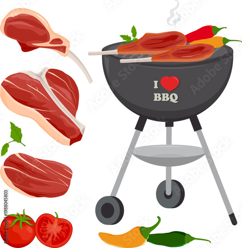 Barbecue picnic party set with bbq grill, steaks and fresh vegetables. Flaming roasted hot grill for ribs, meat chops, chili peppers, tomatoes and herbs. Vector illustration