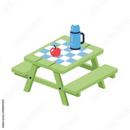 Picnic Table with Apple and Thermos - Outdoor Leisure Icon