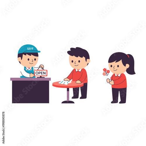 Customer Service Staff Welcoming Guest at Cafe, Open Sign