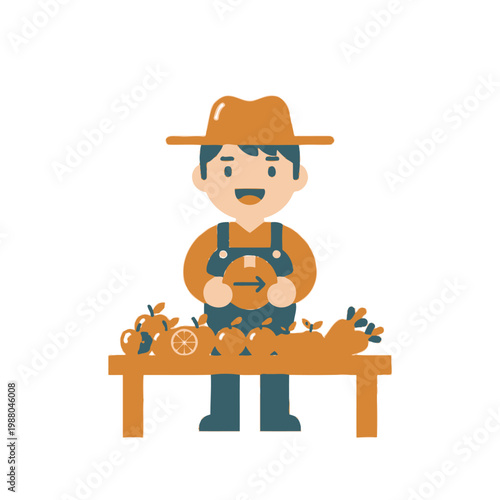 Happy farmer selling fresh fruits and vegetables at market stall, flat illustration