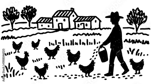Illustration of a farmer feeding chickens on a farm. Simple black silhouette set in a rural landscape. Vector illustration.