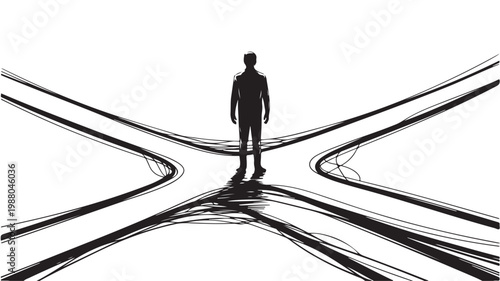 Decision Making Concept Man at Crossroads Silhouette with Abstract Directional Lines Illustration
