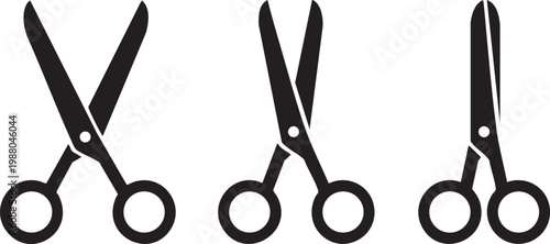 Scissors vector illustration set featuring three different open and closed tool positions for cutting paper, fabric, or hair, displayed as simple black flat silhouettes isolated on a white background