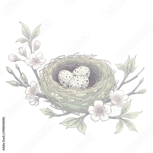 Bird Nest with Eggs and Blossoms - Spring Nature Illustration