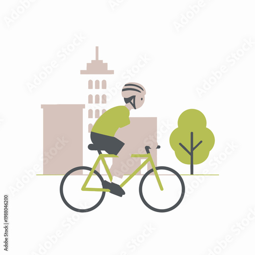 Cyclist riding bicycle in city with buildings and tree, flat design