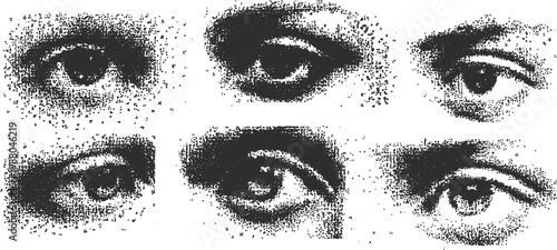 Eyes illustration in print style. Black and white vector set showcasing realistic details and textures, emphasizing artistry and vintage appeal.