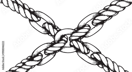 Rope and Chain Intertwined Vector Illustration Graphic Design with Hand-Drawn Sketch Style. This Symbolic Black and White Art Element Clearly Depicts Strength, Connection, Unity, Linkage