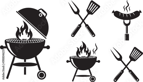 Barbecue and grilling vector illustration graphic design icon set featuring essential elements for outdoor cooking, including charcoal grills with flames, crossed BBQ tools like spatulas and forks