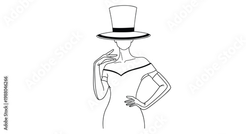 Elegant woman, fashion illustration, top hat, off-the-shoulder dress, minimalist line art