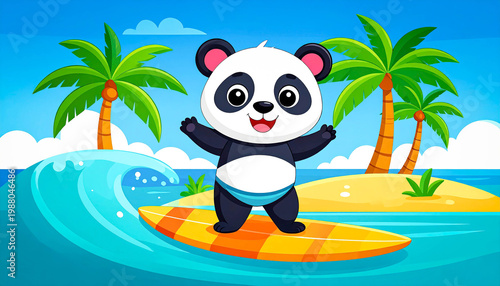 Cartoon panda surfing in the ocean, playful style with a beautiful coastal background.