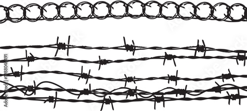 Barbed wire and razor wire vector illustration graphic design set on a clean white background representing concepts of security, restriction, and dangerous boundaries.