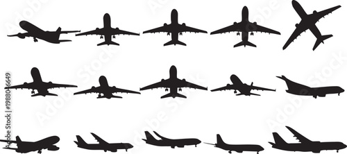 Airplane vector illustration graphic design featuring multiple aircraft silhouettes in diverse flight phases like ascending descending flying and grounded for travel transportation aviation logistic