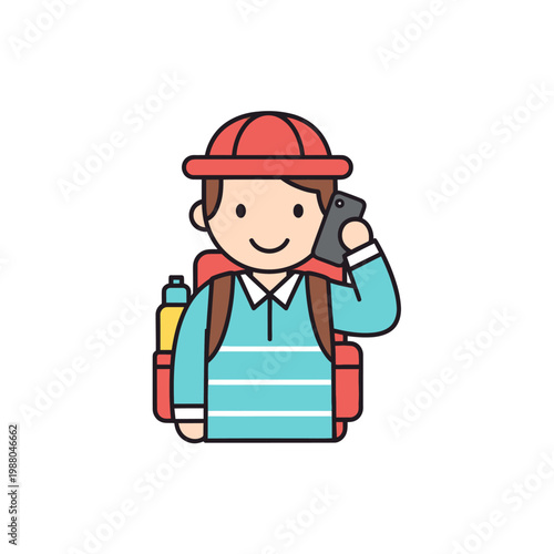 Cartoon hiker with backpack talking on smartphone, adventure communication
