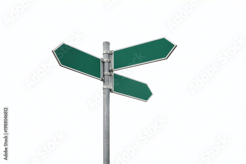 A metal pole with three green blank directional signs against a clean white background, offering a simple and neutral design.