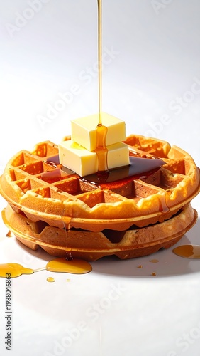 A stack of waffles with butter and syrup being poured