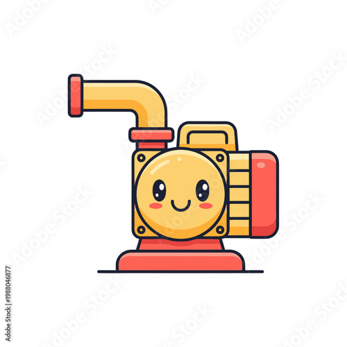 Cute cartoon water pump illustration, happy face, isolated on white background