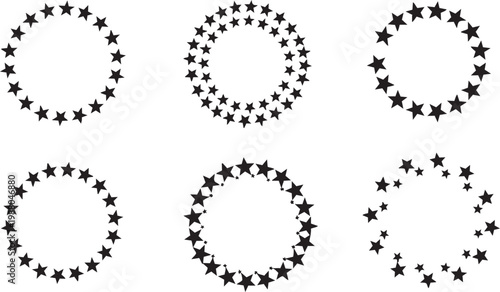 Star border collection featuring various circular designs made with black star shapes isolated on a plain white background for professional graphic design projects requiring decorative emblem elements