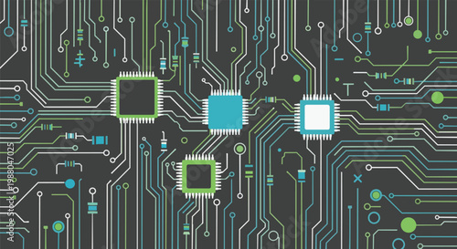 Digital Circuit Board with Microchips - Technology and Data Flow Concept
