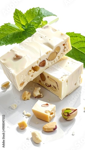 A stack of white chocolate nut bars with scattered nuts and mint leaves