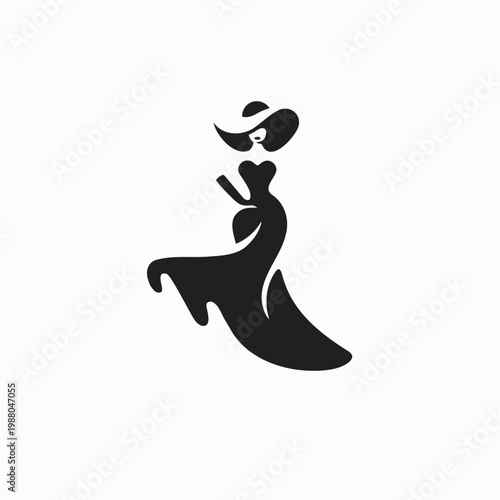 Elegant woman, fashion icon, black silhouette, stylish hat, flowing dress