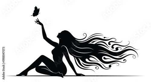 Black silhouette woman, long hair flowing, sitting with bird, vector illustration, minimalist design