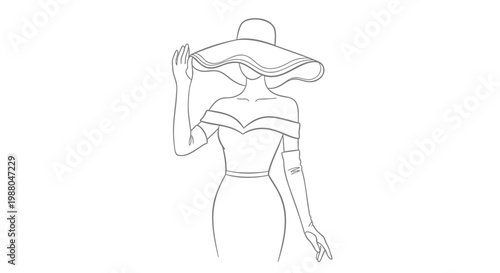 Minimalist line drawing woman, elegant female illustration, simple fashion design, stylish hat and dress