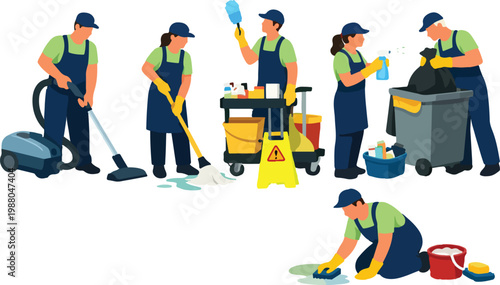 Professional Cleaning Team Icons for Janitorial Services and Hygiene Maintenance Flat Vector Illustration