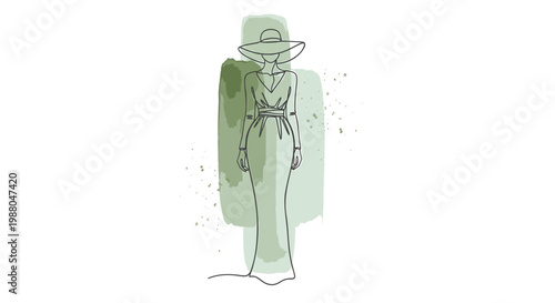 Elegant woman, green dress, hat, fashion illustration, vector art