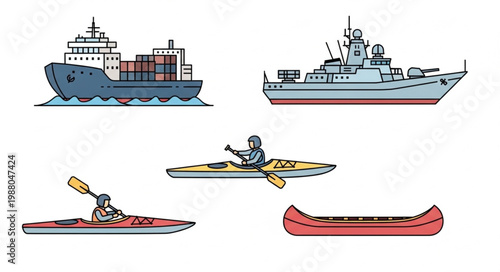 Collection of different types of watercraft and boats.