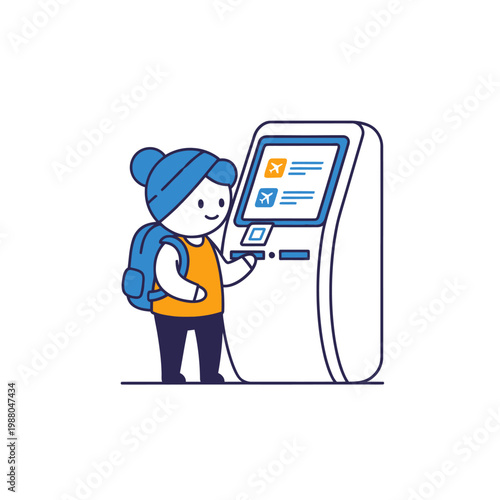 Traveler using self-service kiosk for check-in or booking