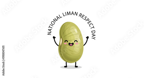 A cute lima bean character celebrates National Lima Bean Respect Day with outstretched arms, presented as a cheerful vector illustration against a clean white background, evoking a positive