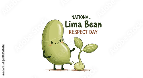 A whimsical illustration celebrating National Lima Bean Respect Day, showing a cute lima bean character lovingly tending to a sprouting plant against a clean white background