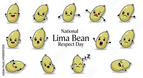 A whimsical illustration commemorates National Lima Bean Respect Day, showcasing a variety of cartoon lima bean characters expressing different emotions in a playful arrangement
