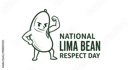 A vector illustration celebrating National Lima Bean Respect Day features a cartoon lima bean character striking a pose, showcasing its bicep against a clean white background in a playful