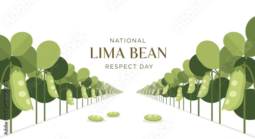 Vector illustration celebrating National Lima Bean Respect Day, showcasing rows of lima bean plants with plump green pods against a clean white background, conveying a fresh and healthy