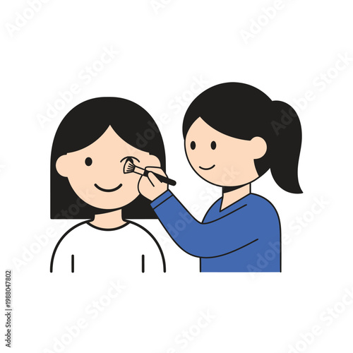 Woman applying makeup to another woman's face with brush, beauty and care