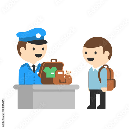 Airport security check, baggage inspection, traveler and officer at checkpoint