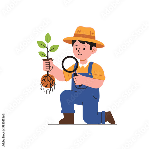 Farmer examining seedling with magnifying glass, agriculture concept