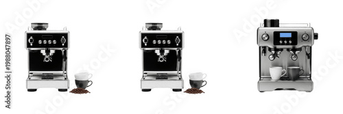 Fotografie Set of Modern Espresso Coffee Machines with Cups and Coffee Beans Isolated on Wh
