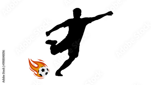 Football player silhouette kicking ball with fire effect
