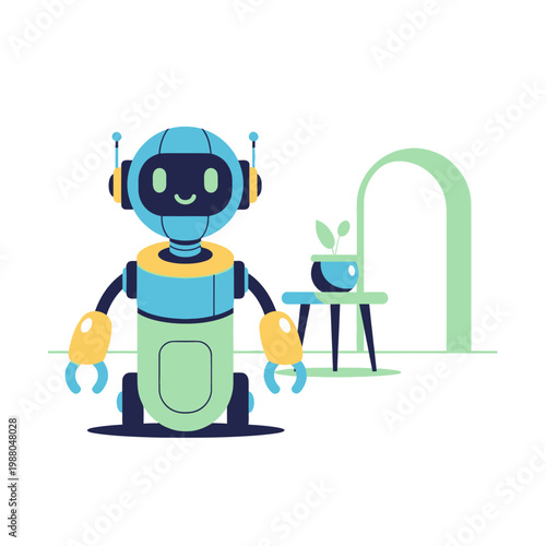 Friendly Robot Character with Plant in Modern Interior