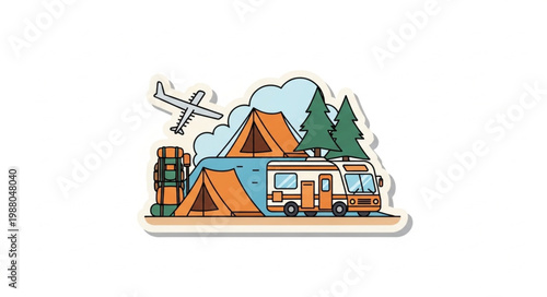 Camping adventure with RV tent airplane and backpack.
