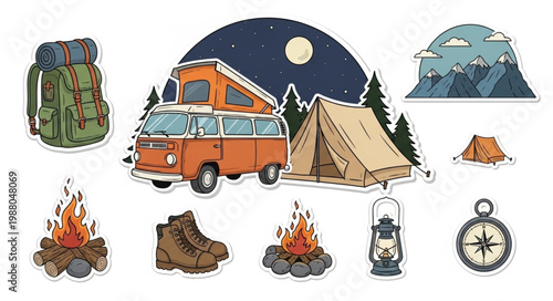 Camping Adventure Elements Collection with Van Tent Backpack and Fire.